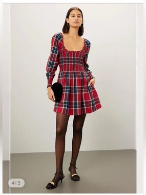 Hill House Nap Dress Norah Red Green Plaid Tartan Long Sleeve Mini Medium